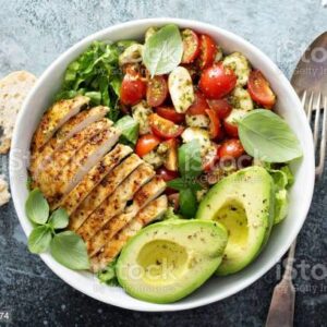 Caprese lunch bowl with grilled chicken and avocado